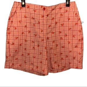Vintage Liz Sport High Waist Gingham Print Shorts w/Embroidered Floral Detailing